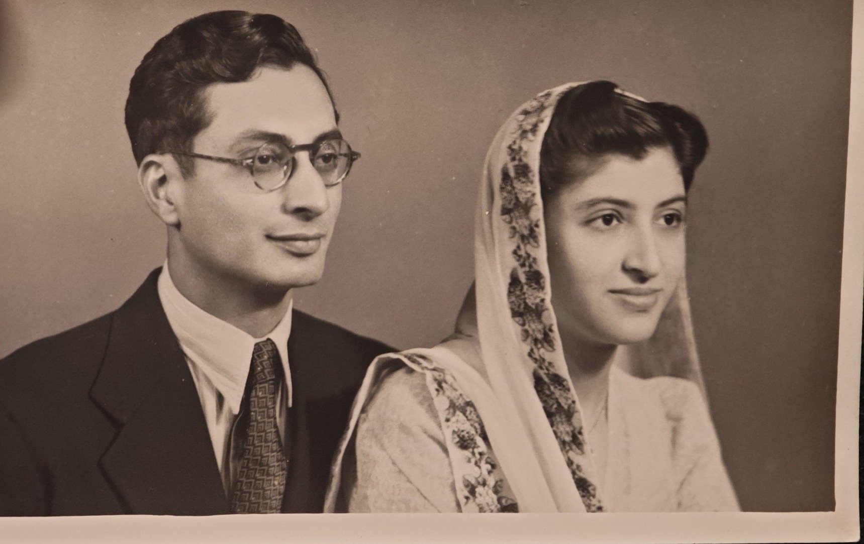 Gulmoher Dubash and Behram Gandi posed together in a studio.